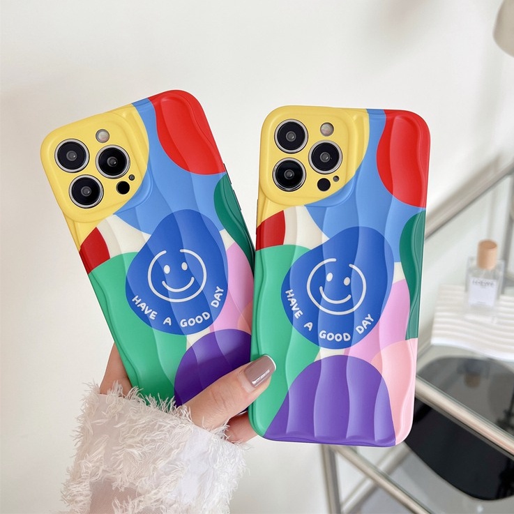 Colorful Block Smile Soft Silicon Case HP iP iPhone 14 + Plus 12 13 Pro Max 11 IMD Wave Casing Apple