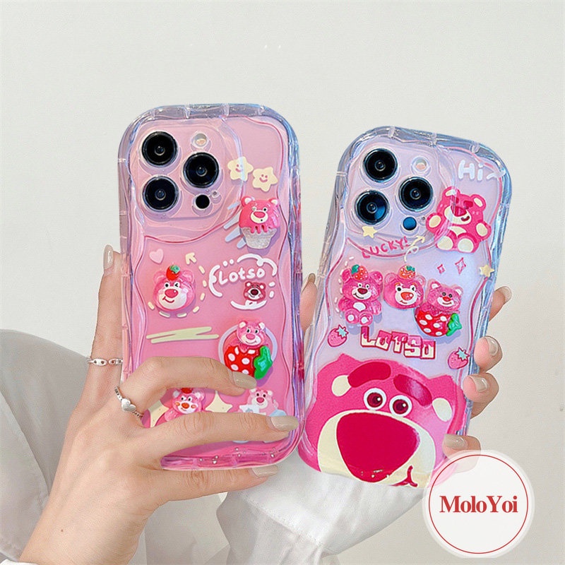 3D Wavy Curved Edge Glossy Soft Case Compatible for iPhone XR XS X Max 7Plus 11 12 14 13 Pro Max 7 6 8 6s Plus SE 2020 3D Cartoon Cute Doll Strawberry Bear Lotso Phone Cover