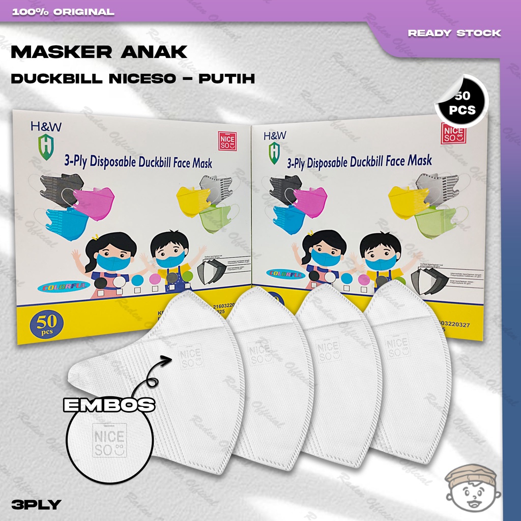Masker Anak Duckbil NICESO 3Ply isi 50Pcs Warna Putih White Duckbill 3 Ply Earloop Surgical Mask Kem