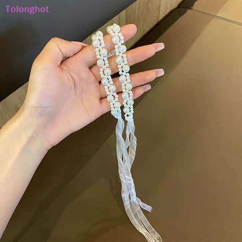 Tolonghot&gt; Manis Kristal Mutiara Hairband Romantis Manik-Manik Bunga Renda Panjang Rambut Pita Hiasan Kepala Renda Klavikula Choker Kalung Perhiasan well