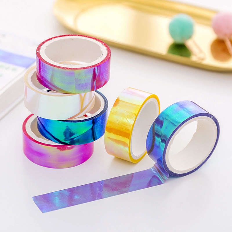 6rolls Gradiasi Laser Kedip Pelangi Warna Tape Dekorasi Siswa Sekolah DIY Bahan PET Tapes Set