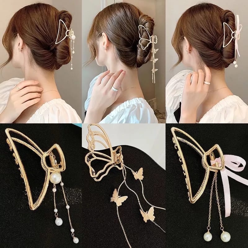 WE Jepit Rambut Butterfly Bentuk Hair Clips Kupu-Kupu Mutiara Vintage Bahan Metal Ukuran Besar Geometric Hairpin Pita Korea Hair Pins Hair Claw Clip A7