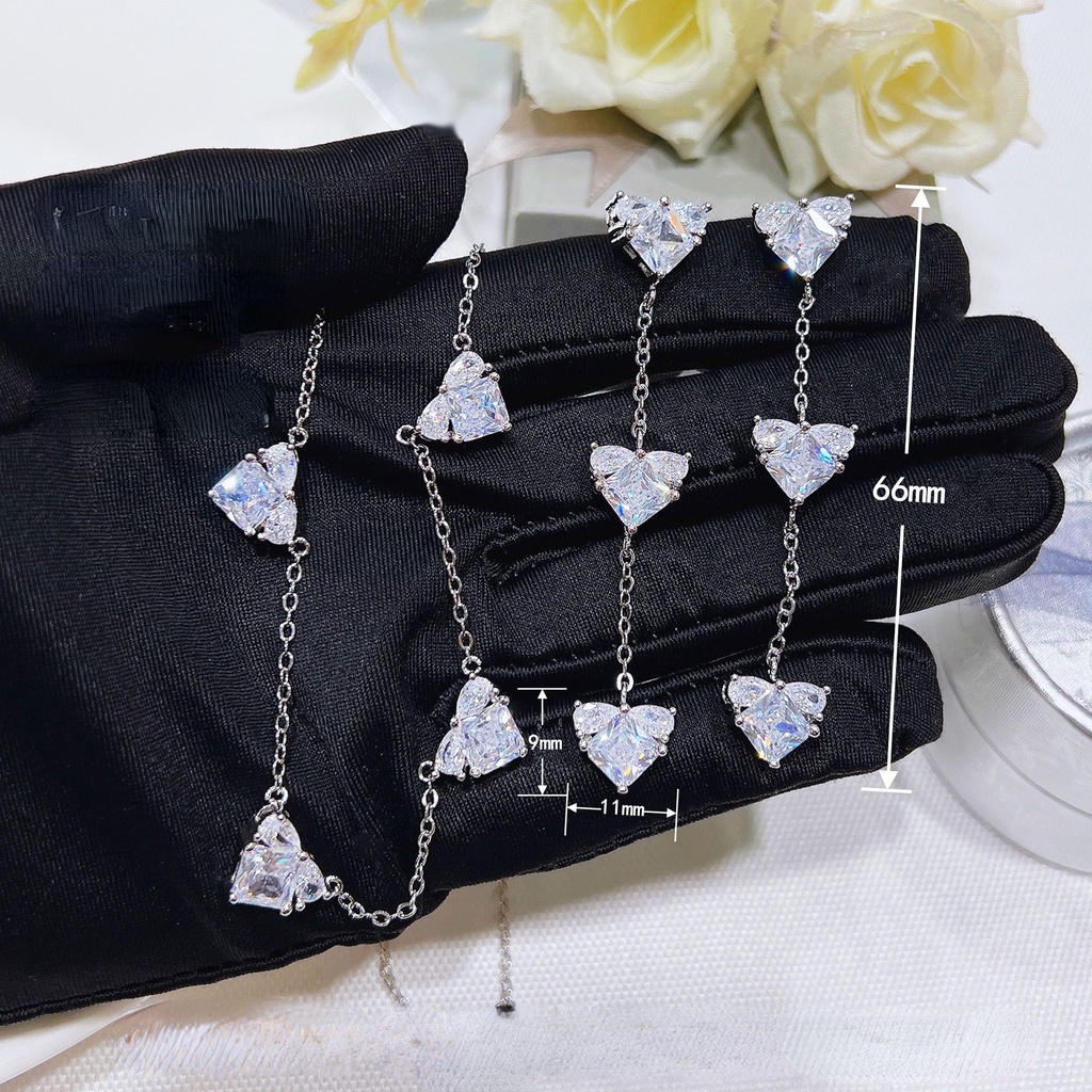 Goldkingdom Fashion Perhiasan Aksesoris Ready Stock Cahaya Mewah Putri Merah Muda Berlian Hati Kalung Wanita Kadar Tinggi Cinta Panjang Rumbai Telinga Stud Set