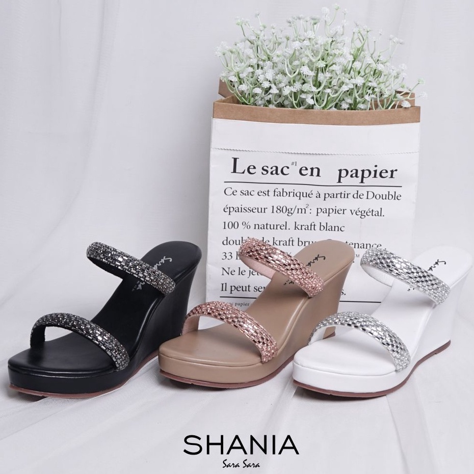 Sara Sara SHANIA Sandal Wedges slop wanita casual model dua starp kekinian