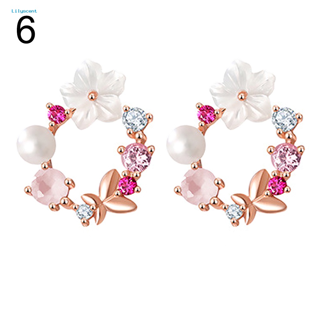 Lilyscent Wanita Bunga Lingkaran Hati Tetesan Air Mutiara Imitasi Hias Berlian Imitasi Stud Earrings