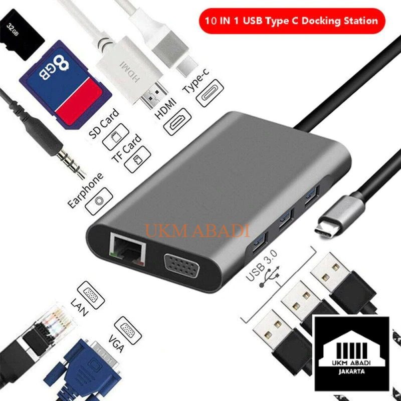 Kabel USB Type C Hub 10in1 HDMI VGA USB 3.0 RJ45 Card Reader Charging