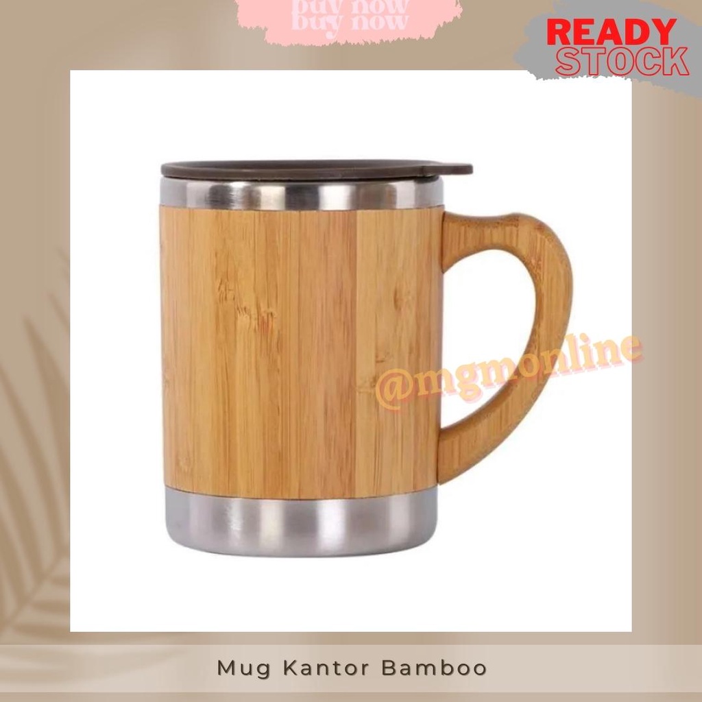 Mug Kantor stainless bamboo 400ml gelas air bambu