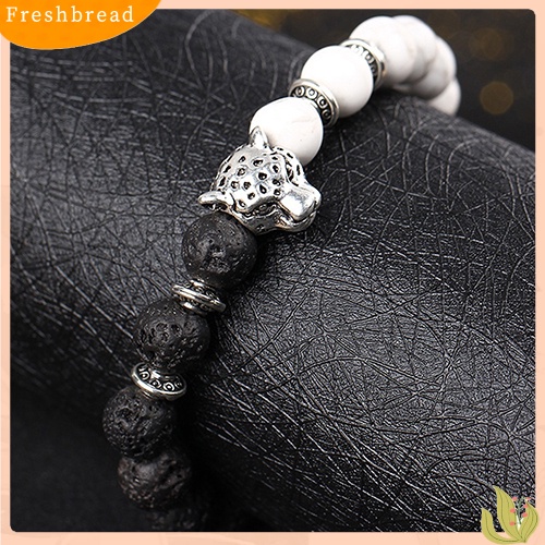 &lt; Freshbread &gt; Wanita Pria Batu Alam Perak Berlapis Leopard Kepala Handmade Beads Bracelet