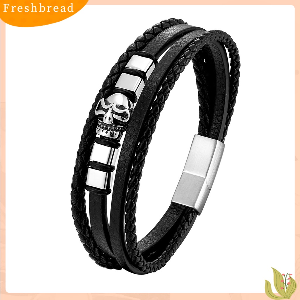 &lt; Freshbread &gt; Pria Gelang Handmade Anyaman Desain Tengkorak ic Gesper Geometris Dekoratif Hadiah Multilayer Bungkus Laki-Laki Kulit Imitasi Bangle Fashion Perhiasan Untuk Pakaian Sehari-Hari