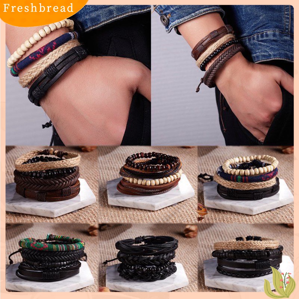 &lt; Freshbread &gt; 4Pcs/Set Vintage Pria Gaya Campur Braided Faux Leather Beaded Bracelet Bangle