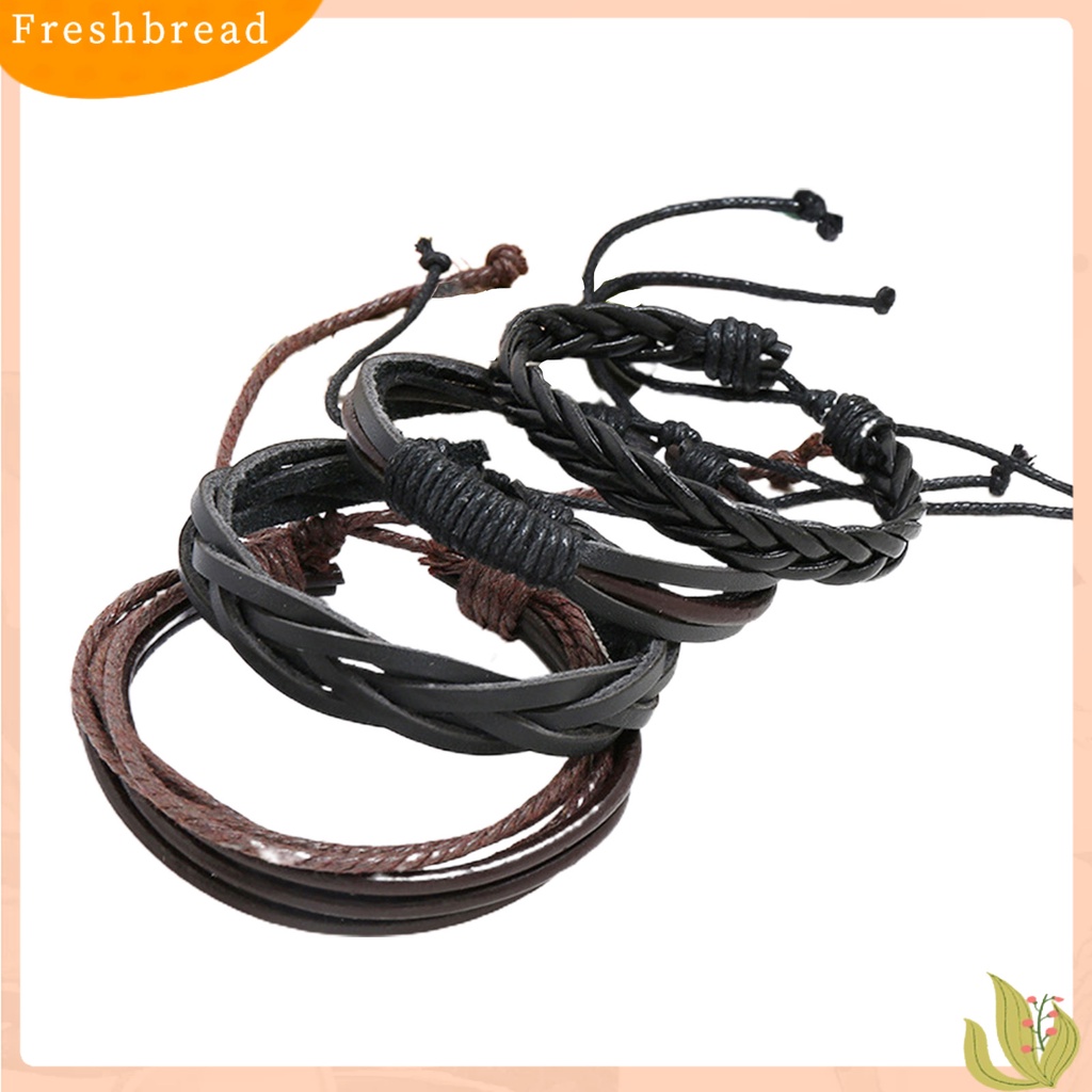 < Freshbread > 4Pcs/Set Multi-layer Kulit Imitasi Dikepang Gelang Tali Linen Adjustable Handmade Unisex Bracelets Perhiasan Aksesoris