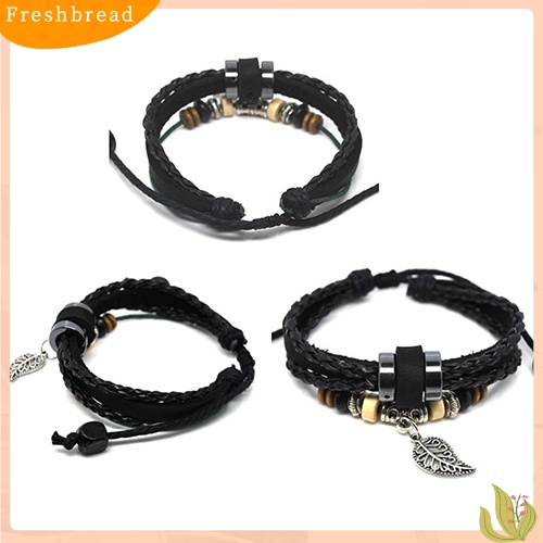 &lt; Freshbread &gt; Unisex Multi-layer Gelang Kulit Imitasi Daun Liontin Beads Adjustable Jewelry