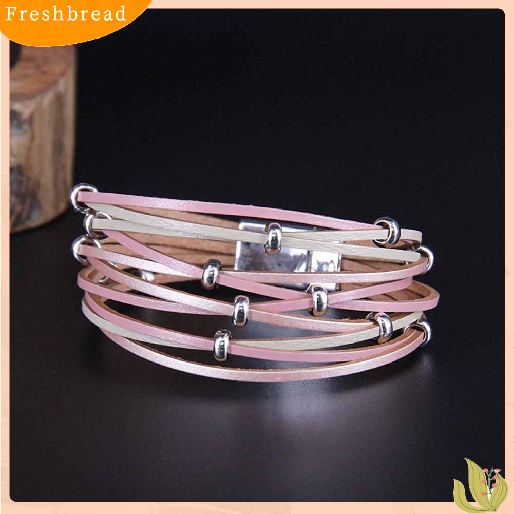 &lt; Freshbread &gt; Fashion Wanita Multi Layer Beaded Cross Gelang Kancing Kulit Asli