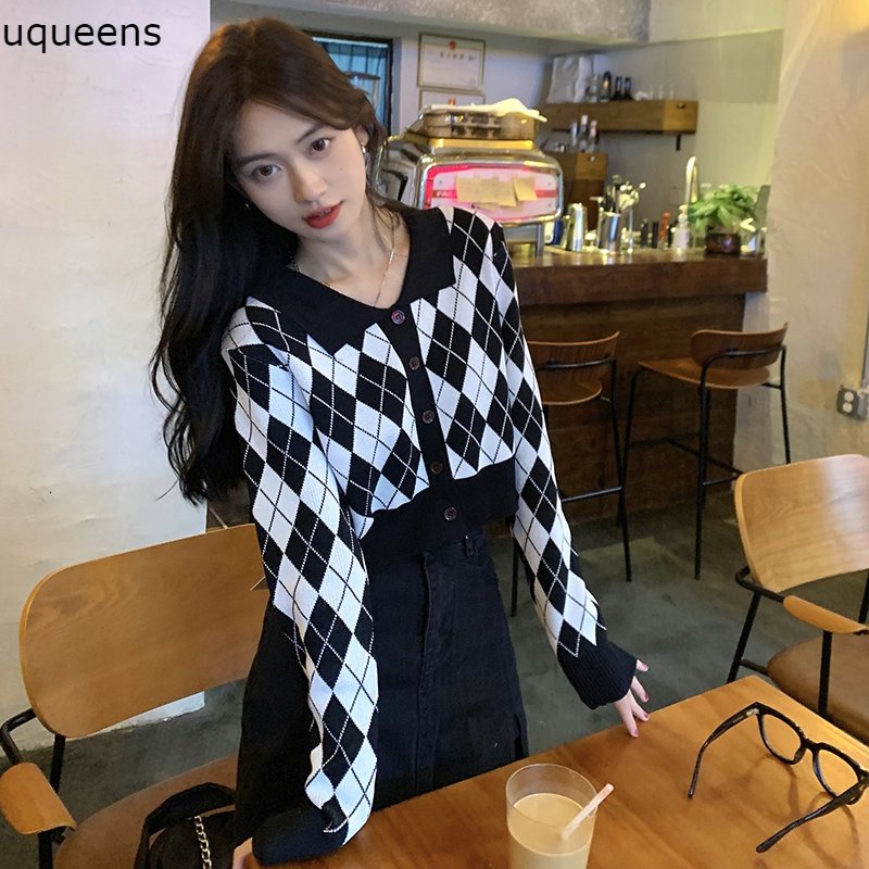 Kardigan Kotak-kotak Hitam Rajut Lengan Panjang Gaya Korea