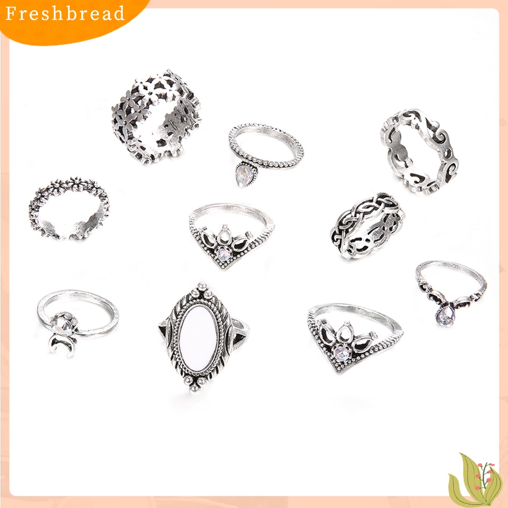 &lt; Freshbread &gt; 10 Pcs Wanita Retro Faux Opal Rhinestone Knuckle Midi Finger Stacking Joint Ring