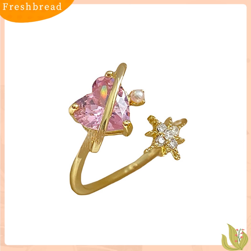 &lt; Freshbread &gt; Berlian Imitasi Bersinar Dapat Disesuaikan Wanita Cincin Pink Cubic Zirconia Jantung Pembukaan Cincin Perhiasan Aksesoris