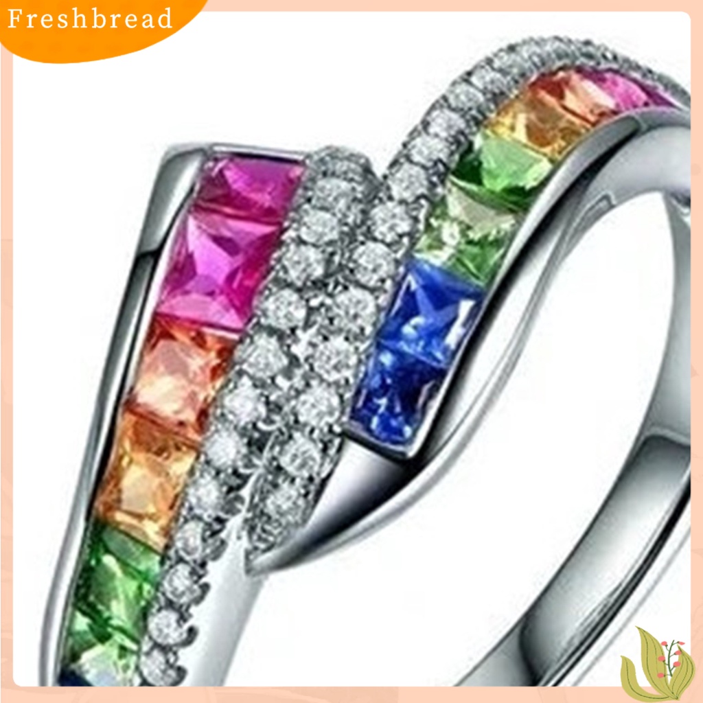 &lt; Freshbread &gt; Wanita Cincin Berlian Imitasi Mengkilap Hias Berkilau Geometris Electroplating Dekorasi Hadiah Rainbow Berwarna Faux Gemstone Party Ring Jewelry Untuk Pacaran