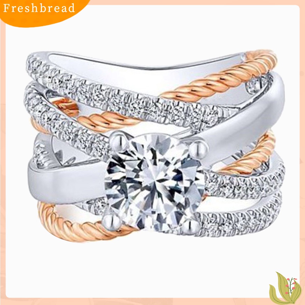 &lt; Freshbread &gt; Fashion Wanita Cross Dual Color Berlian Imitasi Cincin Pertunangan Pernikahan Perhiasan Hadiah