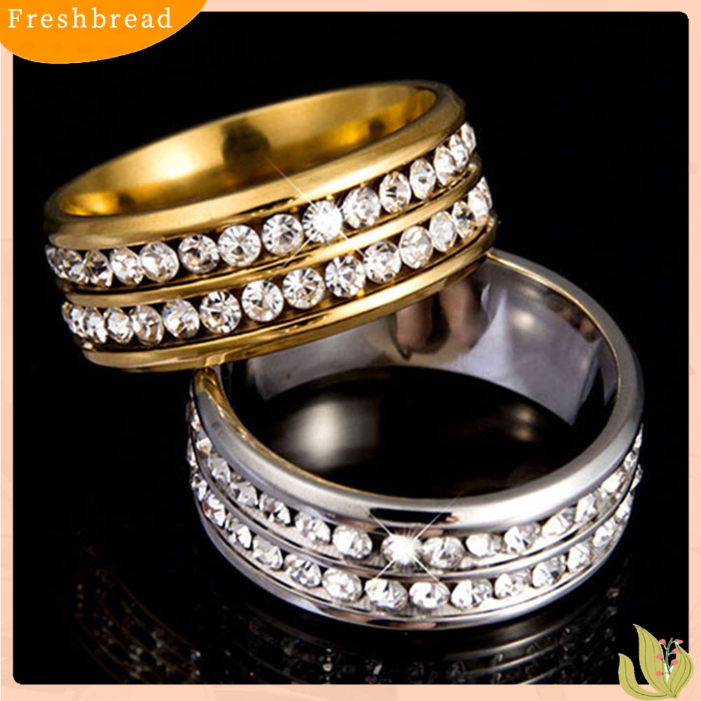 &lt; Freshbread &gt; Cincin Lebar-Lebar Fadeless Titanium Steel Baris Ganda Berlian Imitasi Perhiasan Unisex Untuk Pesta Pernikahan