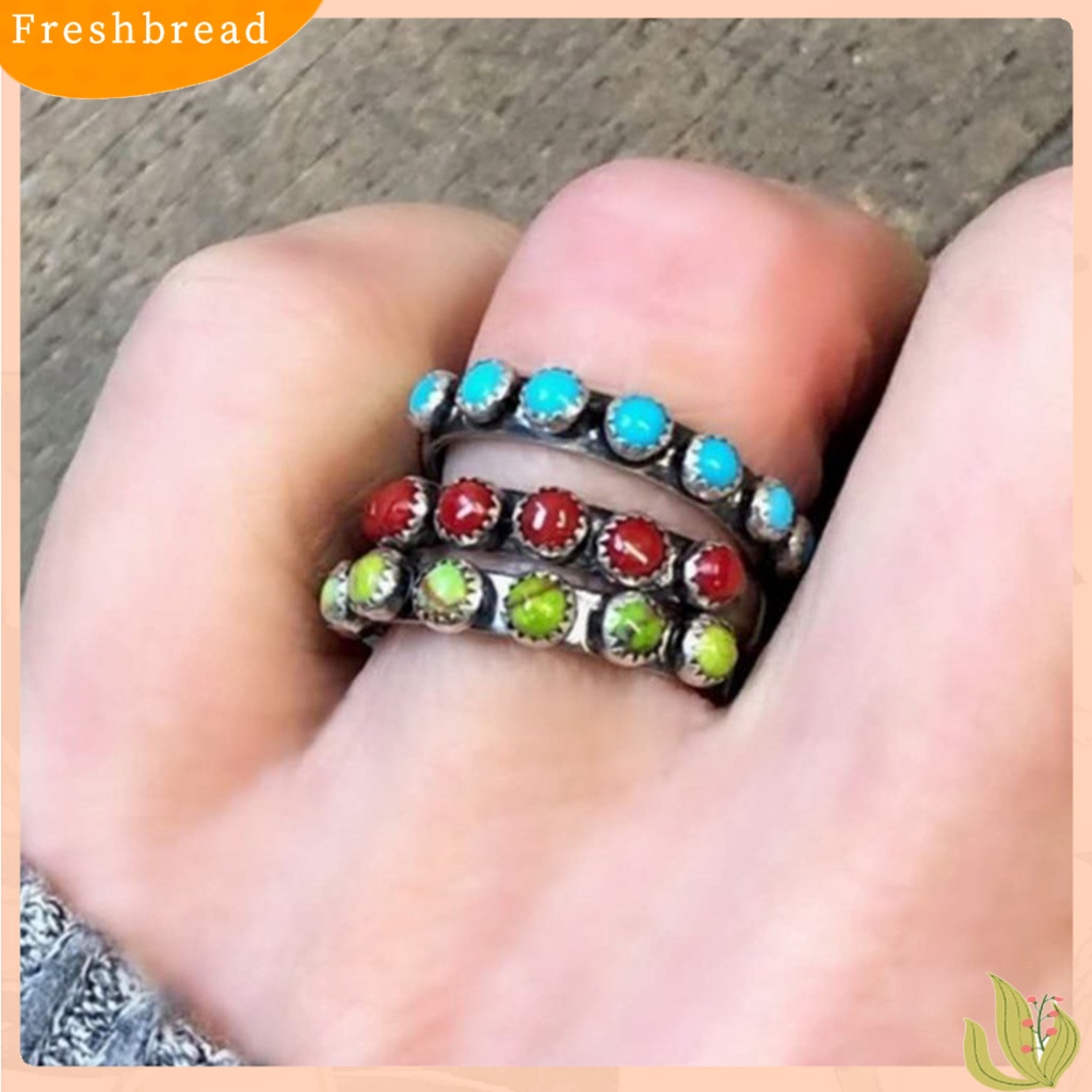 &lt; Freshbread &gt; Retro Gaya Etnik Turquoise Bulat Kecil Beads Cincin Wanita Perhiasan Aksesoris