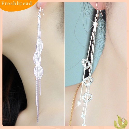 &lt; Freshbread &gt; Wanita Chic Daun Hati Berlian Imitasi Jumbai Panjang Drop Menjuntai Linear Hook Earrings