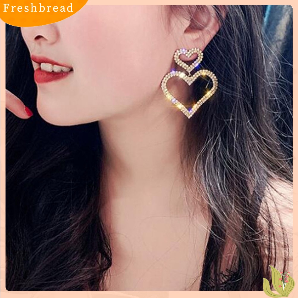 &lt; Freshbread &gt; Wanita Elegan Berlian Imitasi Jantung Teardrop Menjuntai Ear Drop Earrings Perhiasan Pesta