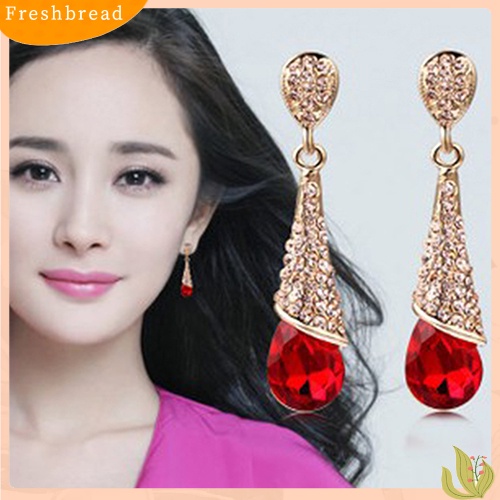 &lt; Freshbread &gt; Wanita Tetesan Air Lampu Gantung Berlian Imitasi Penuh Zirkon Anting Telinga Stud Ear-clip