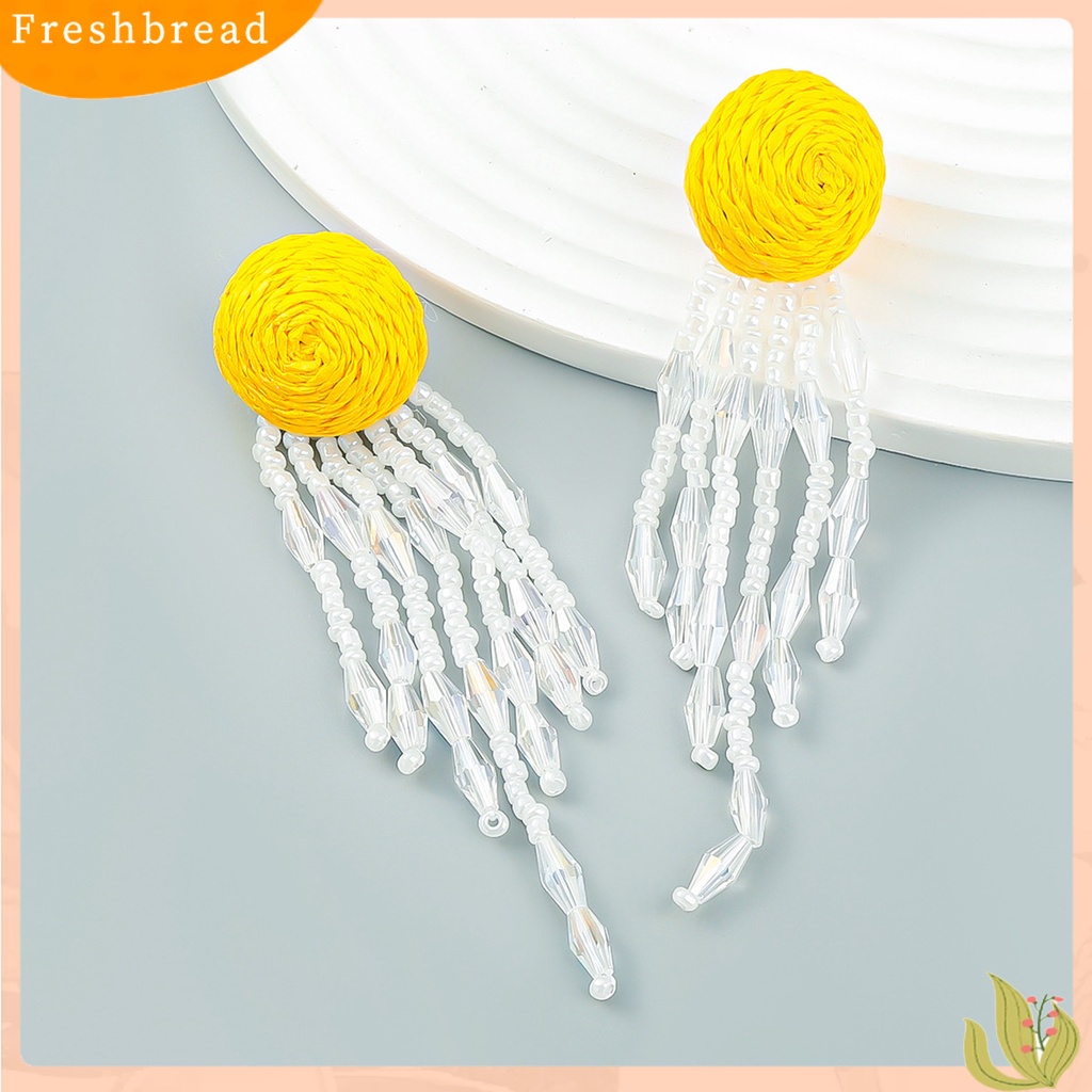 &lt; Freshbread &gt; 1pasang Anting Wanita Warna Kontras Berlebihan Ringan Tahan Lama Portabel Kepala Bulat Dikepang Rumbai Manis Menjuntai Anting-Anting Lady Earrings Jewelry