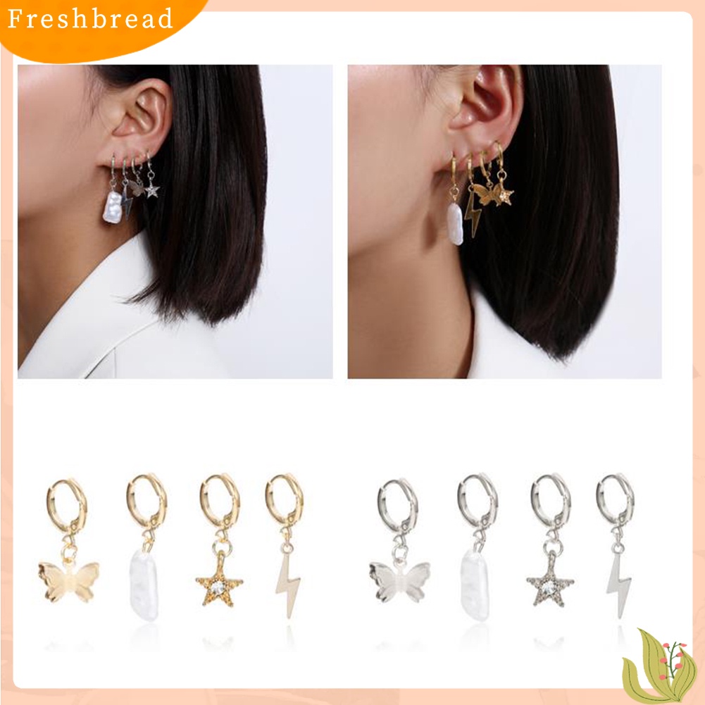 < Freshbread > 4Pcs/Set Wanita Berlian Imitasi Huruf Bintang Kupu-Kupu Menjuntai Hoop Earrings Jewelry
