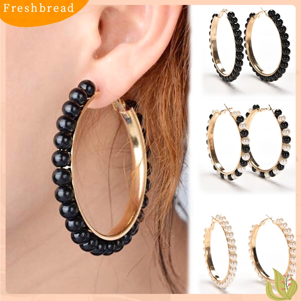 &lt; Freshbread &gt; Fashion Wanita Mutiara Imitasi Hias Lingkaran Besar Pernyataan Hoop Earrings Jewelry