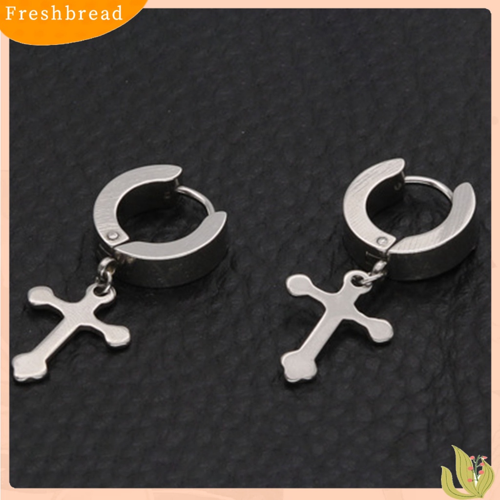 &lt; Freshbread &gt; 1pasang Anting Salib Menjuntai Tahan Lama Gaya Liontin Baja Titanium Pria Wanita Dewasa Liontin Salib Hoop Earring Untuk Pesta