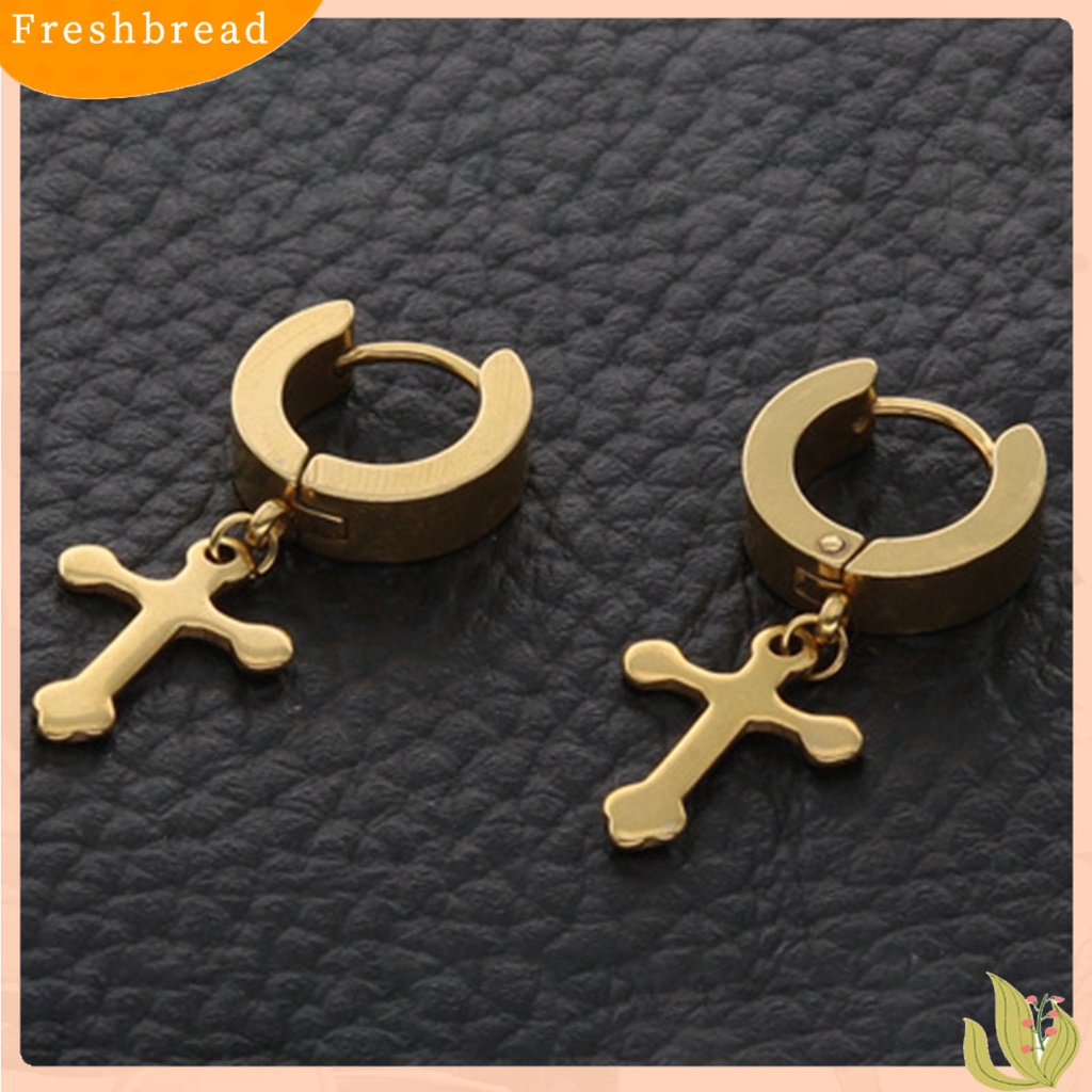 &lt; Freshbread &gt; 1pasang Anting Salib Menjuntai Tahan Lama Gaya Liontin Baja Titanium Pria Wanita Dewasa Liontin Salib Hoop Earring Untuk Pesta