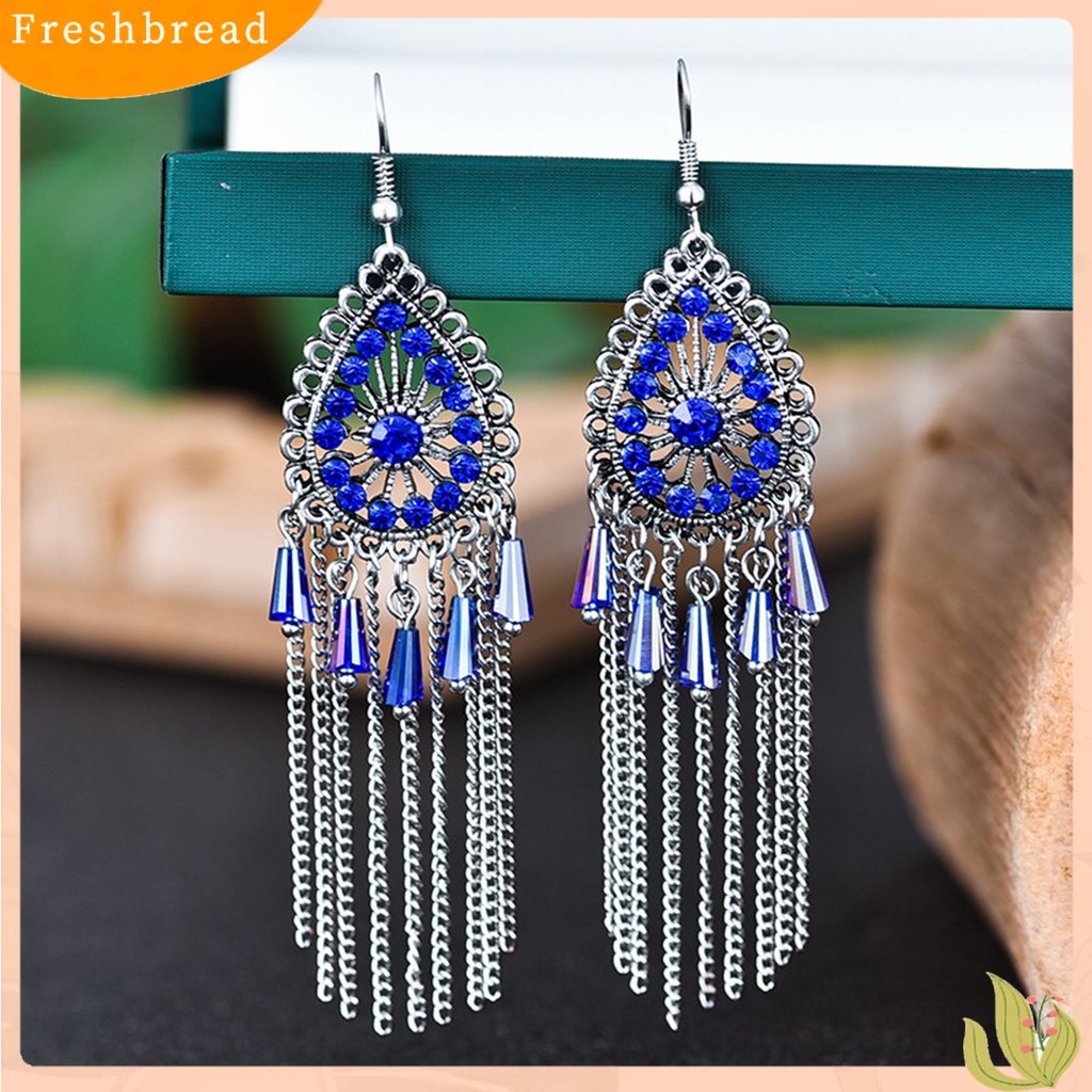 &lt; Freshbread &gt; 1pasang Anting Wanita Bentuk Tetesan Air Rumbai Berlian Imitasi Vintage Drop Earrings Untuk Pakaian Sehari-Hari