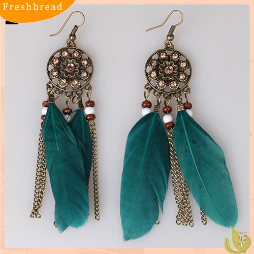 &lt; Freshbread &gt; Wanita Vintage Bohemia Etnik Dream Catcher Bulu Jumbai Anting Kait Panjang