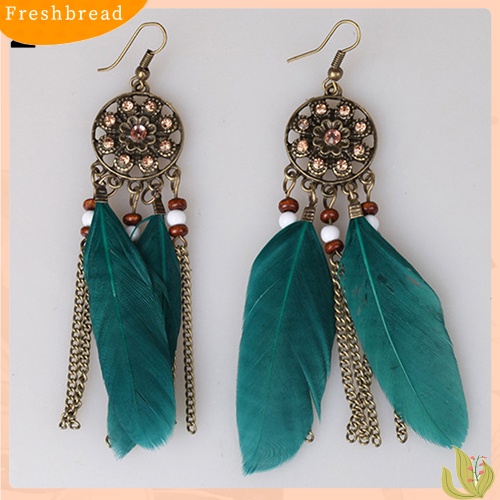 &lt; Freshbread &gt; Wanita Vintage Bohemia Etnik Dream Catcher Bulu Jumbai Anting Kait Panjang