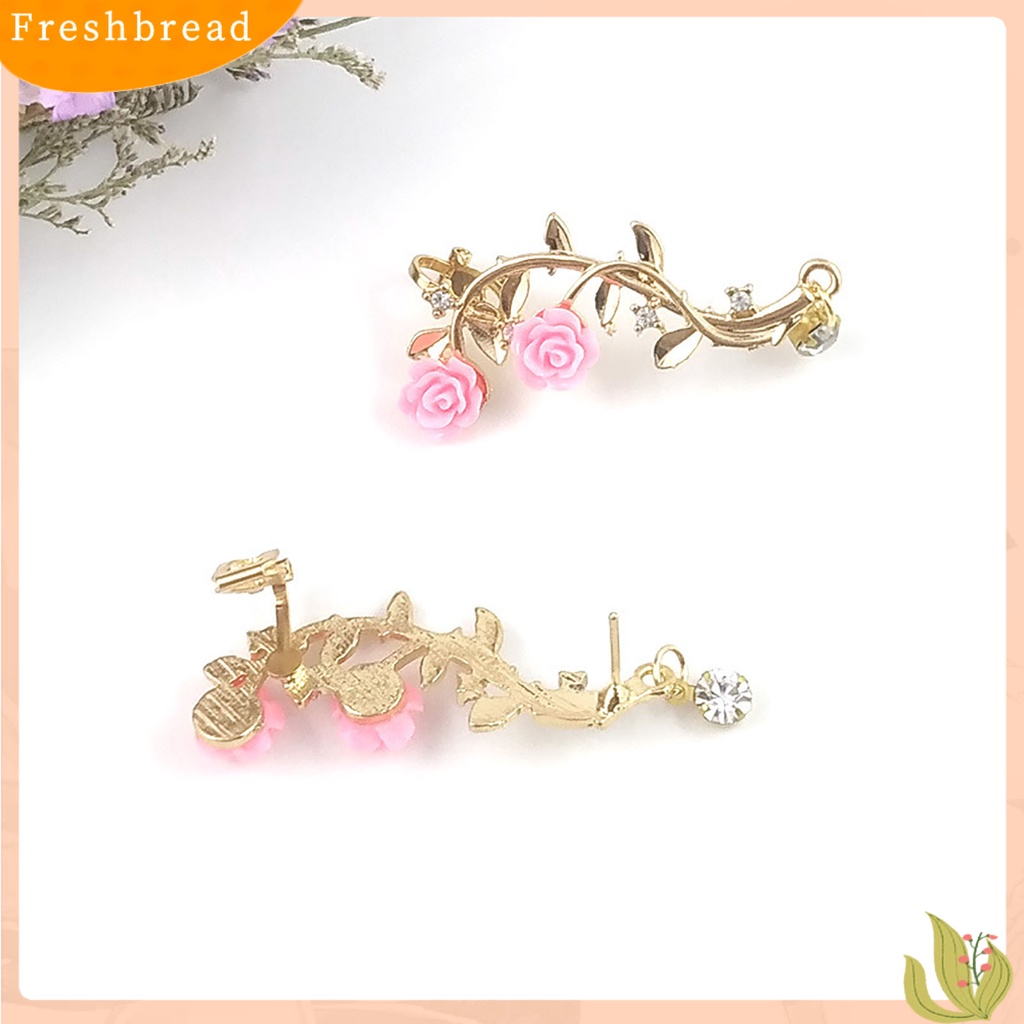 &lt; Freshbread &gt; 1pasang Berlian Imitasi Bersinar Tindik Telinga Studs Bunga Mawar Cabang Cuff Earrings Fashion Jewelry