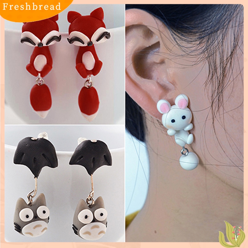 &lt; Freshbread &gt; Anting Tusuk Bentuk Kartun Hewan Polymer Clay Handmade Ear Studs Untuk Pesta