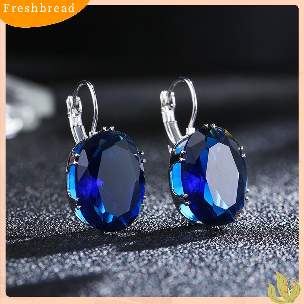 &lt; Freshbread &gt; Wanita Elegan Oval Batu Permata Imitasi Hias Menjuntai Leverback Earrings Perhiasan Hadiah