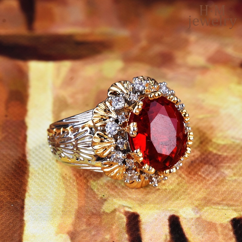 S925 Perak Vintage Brushed Bertekstur Ukir Emas Ruby Cincin Gaya Antik Two-Tone Gold Crowns Ornament