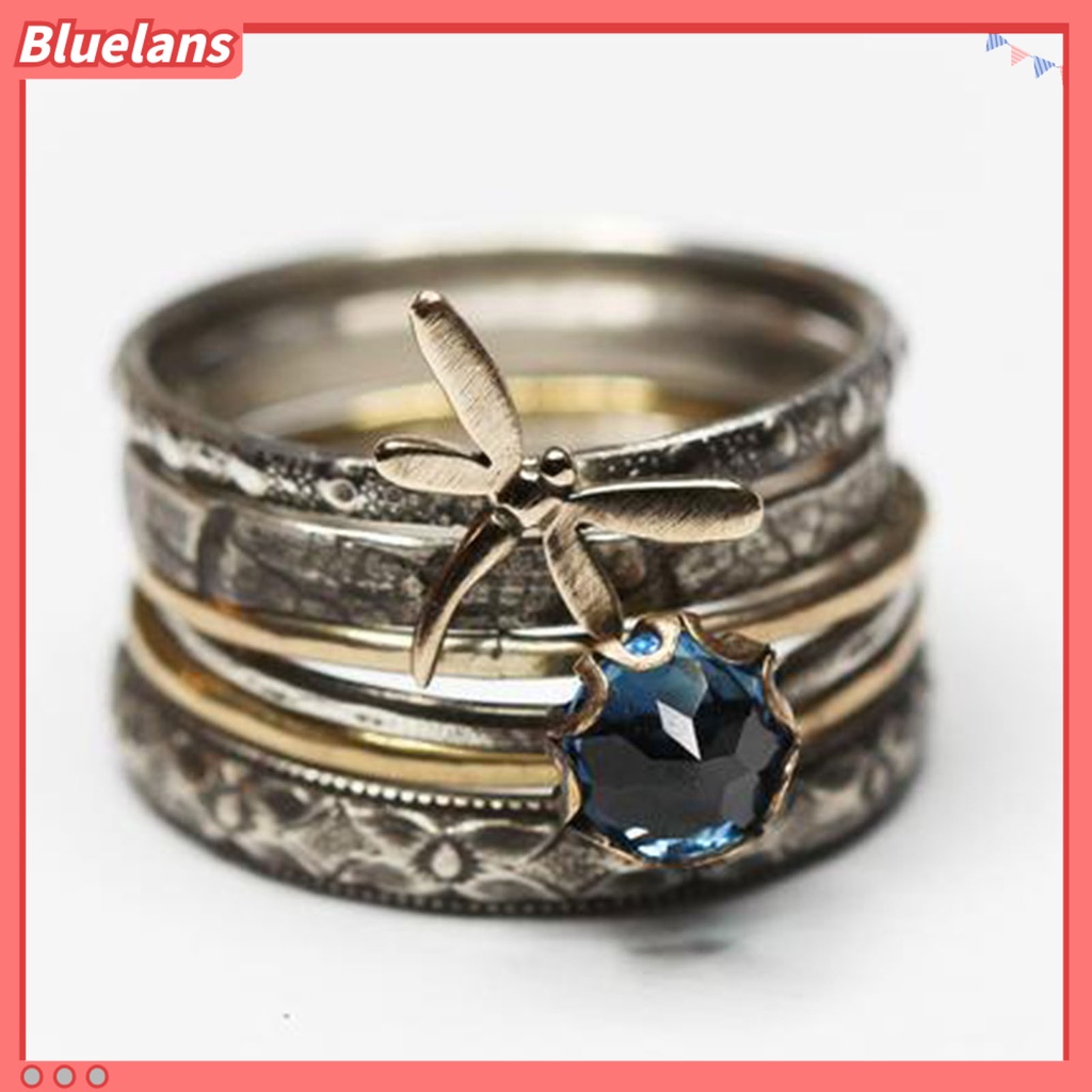 {In Stock} Cincin Jari Gaya Vintage Multi-layer Anti-Cacat Capung Biru Faux Kristal Engagement Ring Untuk Pacaran