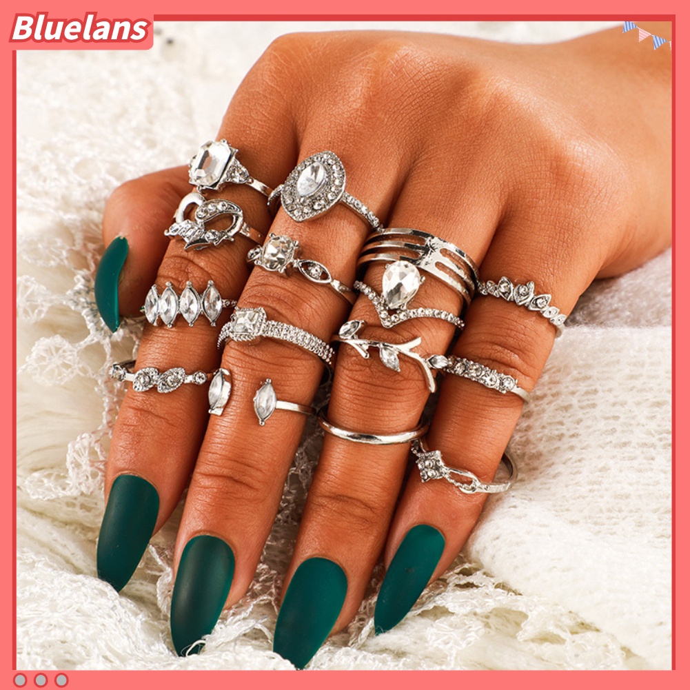 {In Stock} 15Pcs/Set Boho Wanita Berlian Imitasi Daun Hati Geometris Jari Cincin Perhiasan Hadiah