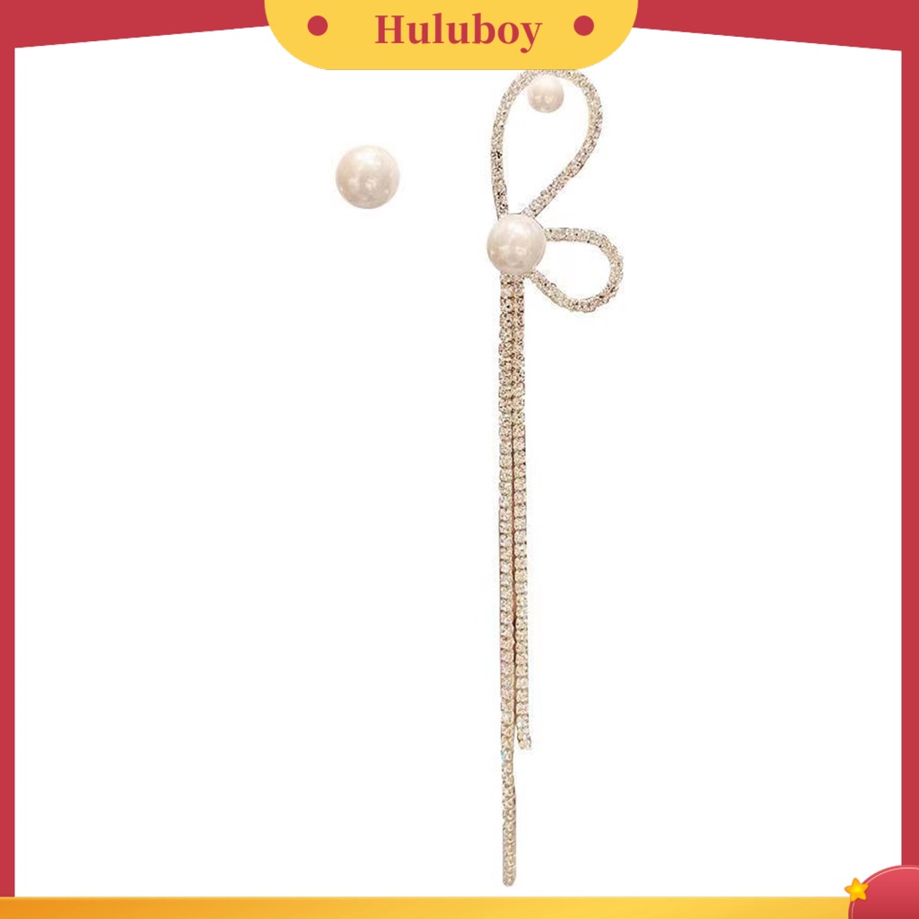 {Ready Stock} 1pasang Anting Rumbai Asimetri Busur Mutiara Imitasi Berlian Imitasi Bersinar Dekorasi Tahan Luntur Panjang Rumbai Menjuntai Anting Gantung Aksesoris Perhiasan