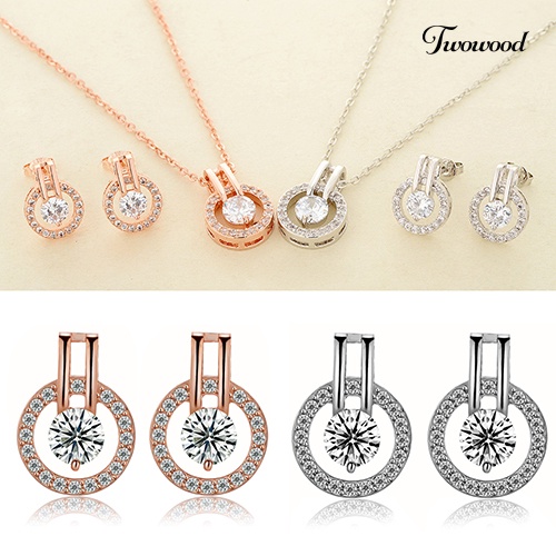 Twowood Women's Zircon Round Pendent Choker Rantai Kalung Anting Set Perhiasan Pernikahan