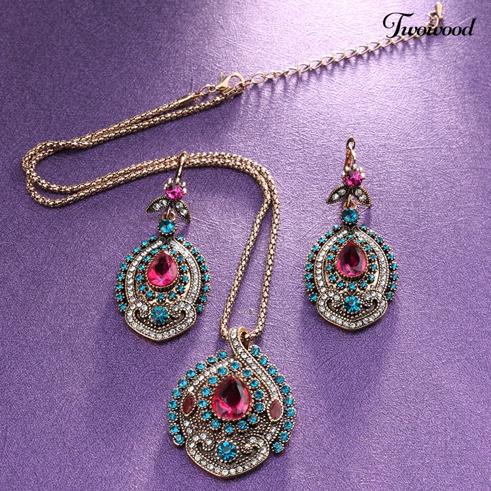 Twowood Wanita Bohemian Berlian Imitasi Drop Anting Eardrop Kalung Pesta Club Perhiasan Set