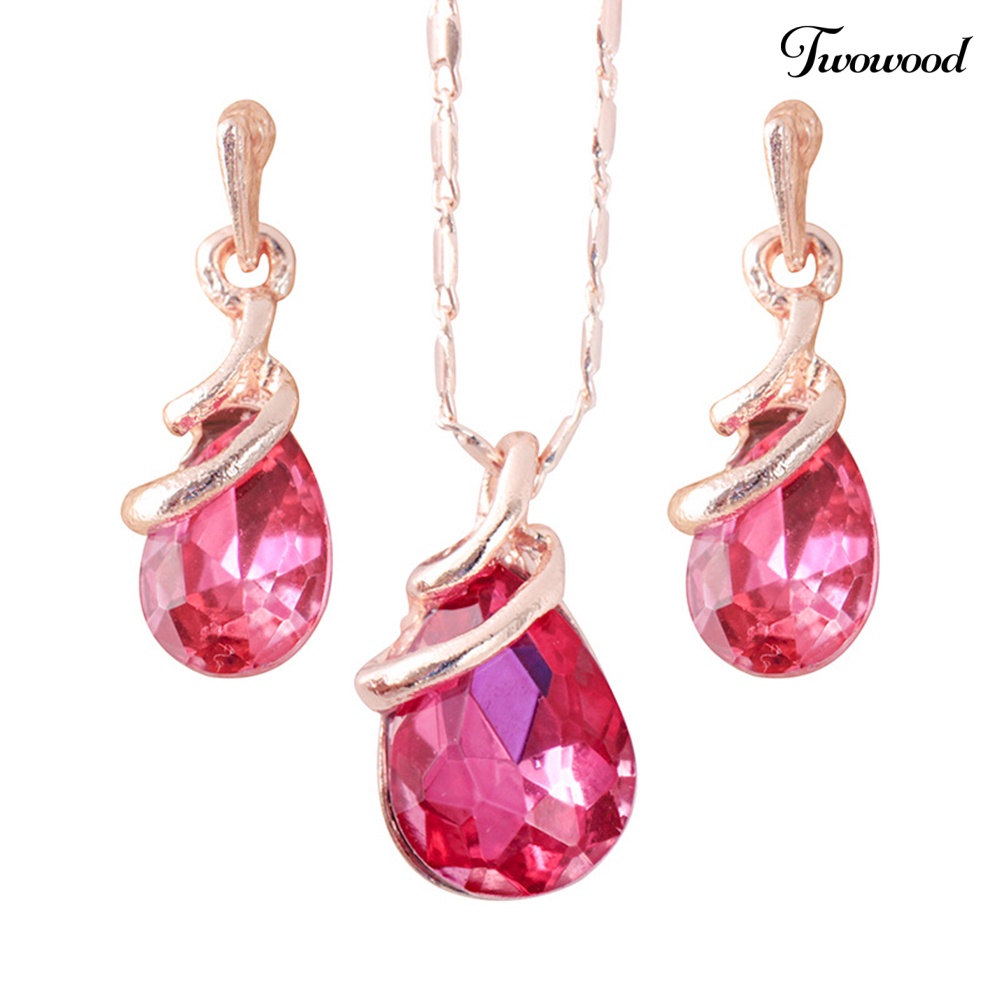 Twowood Fashion Wanita Teardrop Berlian Imitasi Liontin Stud Anting Kalung Set Perhiasan