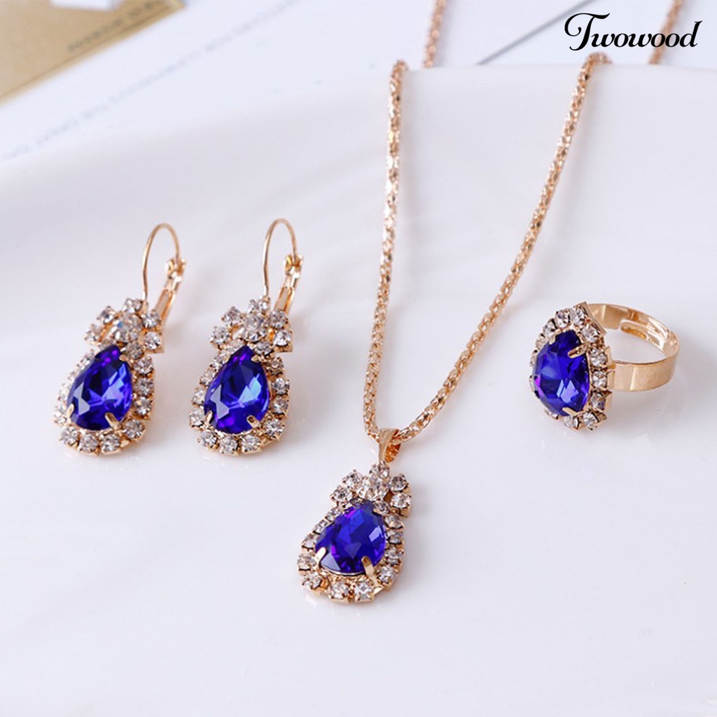 Twowood 3Pcs/Set Ladies Pendant Necklace Bentuk Tetesan Air Aksesori Tahan Aus Elegan Kalung Menjuntai Anting Cincin Set Untuk Pernikahan