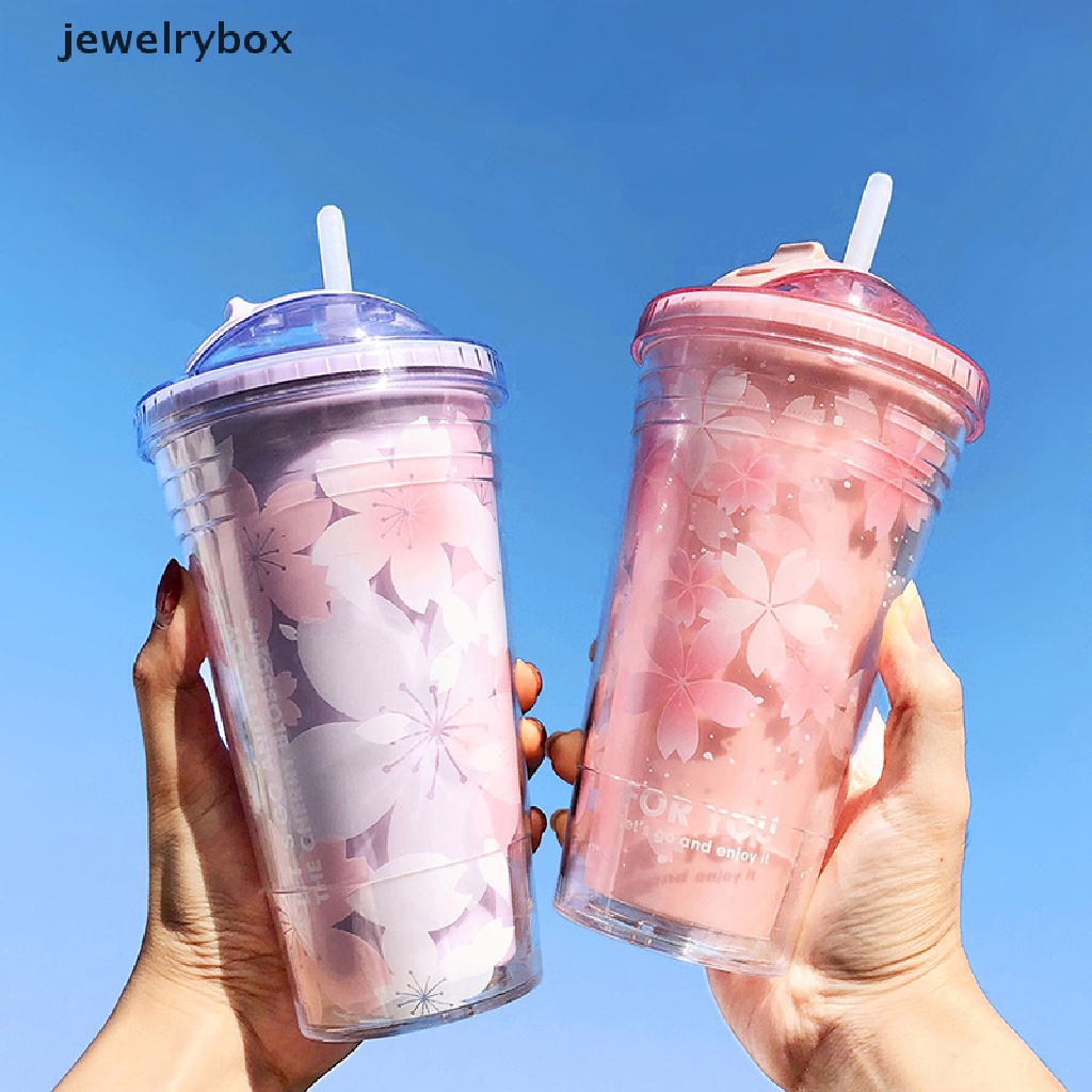 [jewelrybox] Gelas Plastik Sakura 480ml Dengan Sedotan Dan Tutup BPA Free Double Wall Dewasa Botol Air Minum Tea Cup Kawai Rumah Kantor Hadiah Butik