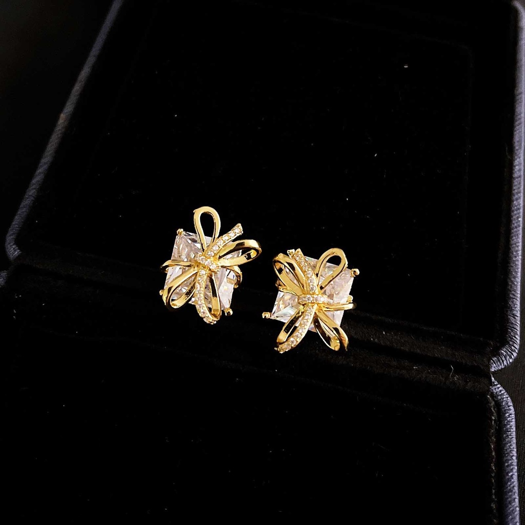 Goldkingdom Aksesoris Perhiasan Fashion Ready Stock Jewelry Gift Box Dengan Berlian Busur Stud Anting Perak Disepuh Jarum Earrings