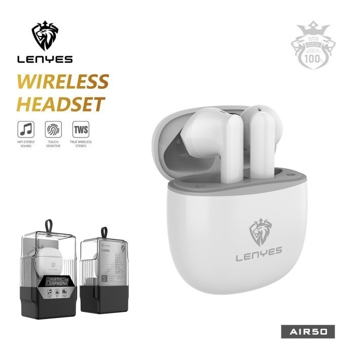 LENYES TWS Earphone Air 50 True Wireless Headset Bass Hi-Fi Bluetooth - Putih headset handsfree earbud rechargeable stereo in ear mini