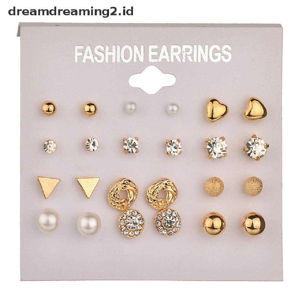 (hot) 12pcs/set Kristal Berlian Imitasi Ear Stud Earrings Wanita Pesona Anting Perhiasan//